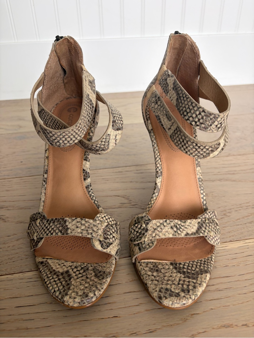 Corso Como Beige and Black Snake-Print Strappy Heels